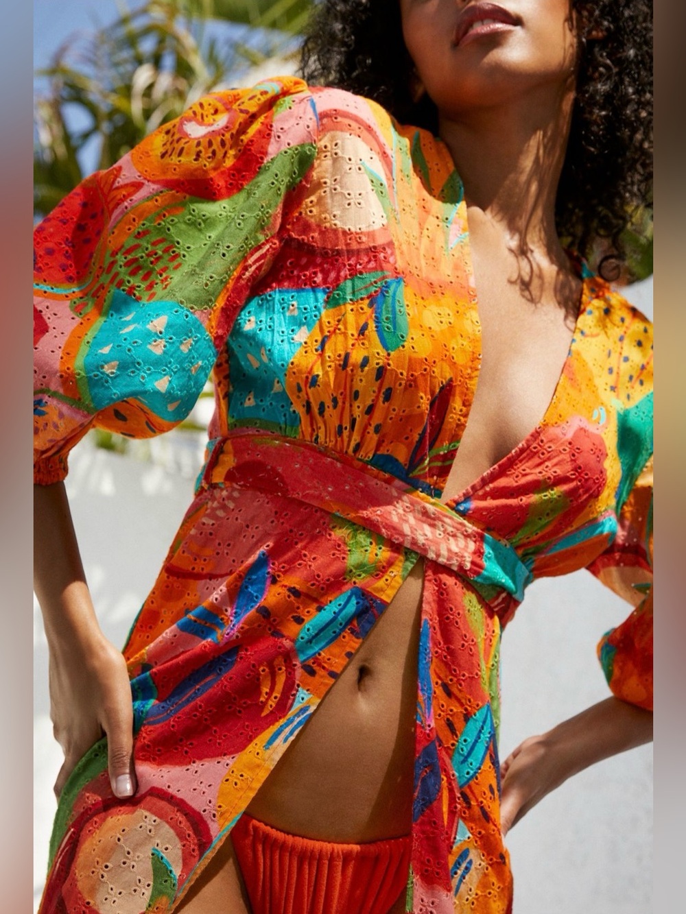 FARM Rio Summery Salad Puff-Sleeve Eyelet Tie-Waist Midi Dress Coverup. - Picture 2 of 13